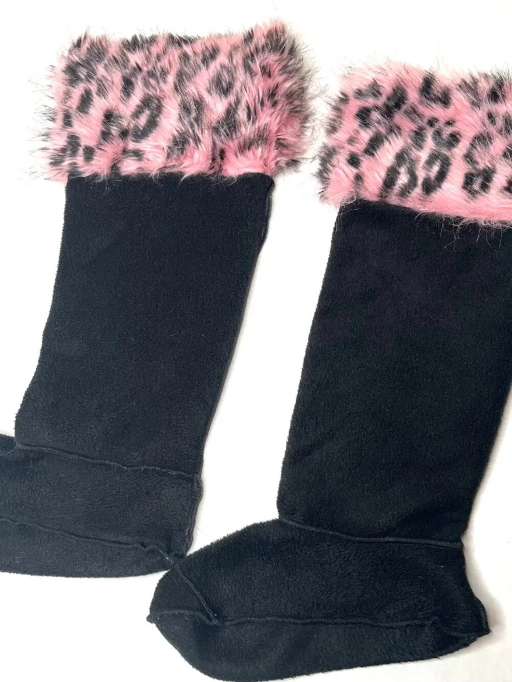 Pink Faux Fur Boot Liners Fuzzy Leopard Print Cheetah Animal Knee Socks Fleece